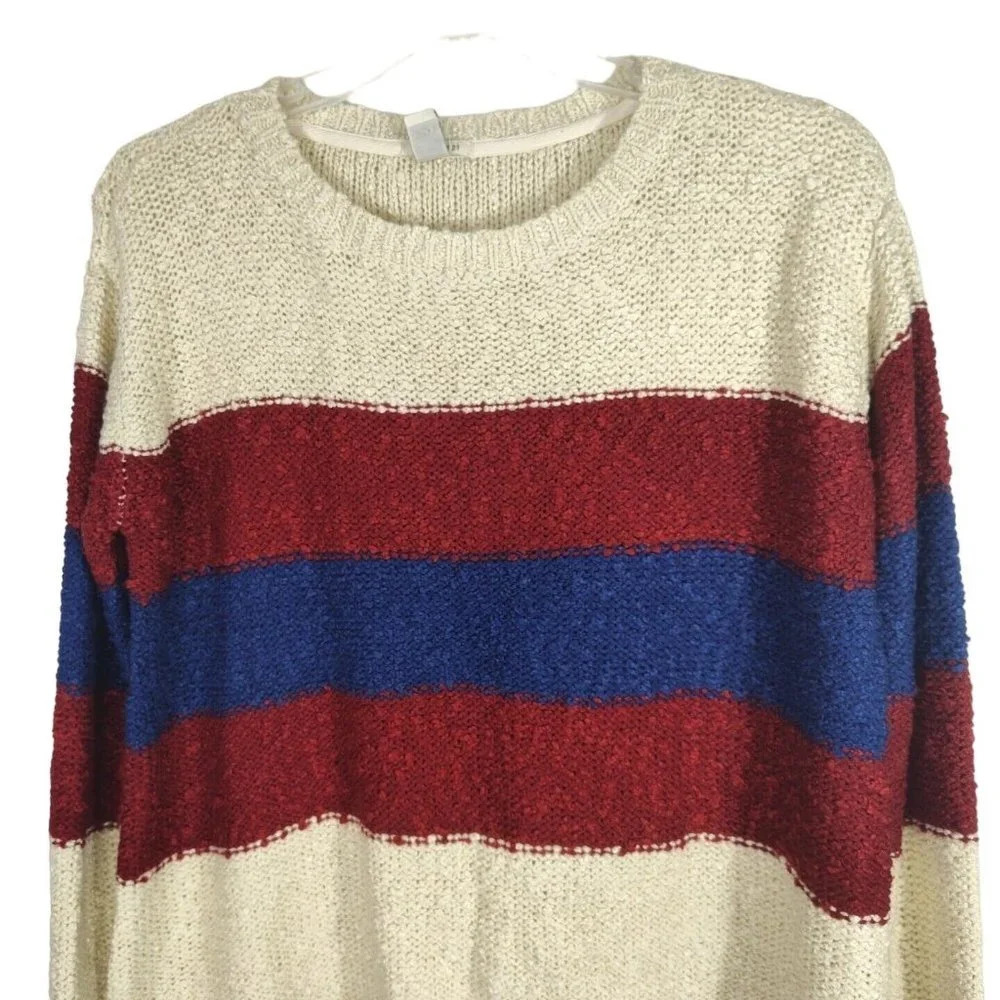 Forever 21 Tan Red Blue Striped Boxy Knit Sweater Women Size L Long Sleeve